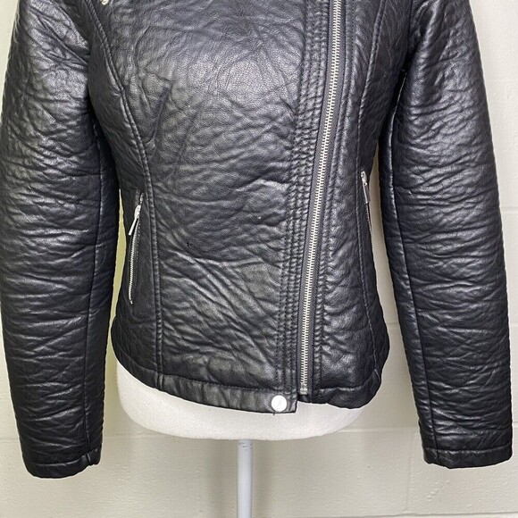 New Look Women SZ Medium Black Faux Leather Moto Jacket Full Side Zip Biker Coat - Picture 7 of 12